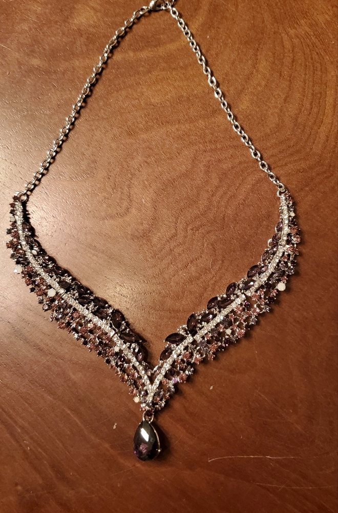 20" Silver Tone w/ Pink & Purple Rhinestone Bridal Necklace